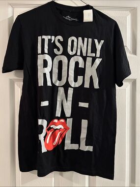 The Rolling Stones Black Tee with White Text & Red Tongue Logo